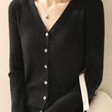 Casual V-Neck Single-Row Button Knit Cardigan - liwisi
