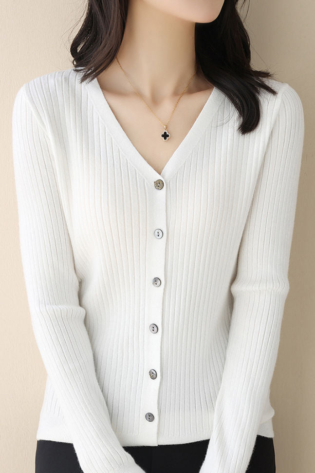 Casual V-Neck Single-Row Button Knit Cardigan - liwisi
