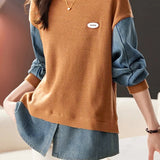 Casual Loose Faux Two-Piece Denim Panel Pullover Hoodie