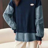 Casual Loose Faux Two-Piece Denim Panel Pullover Hoodie