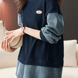 Casual Loose Faux Two-Piece Denim Panel Pullover Hoodie
