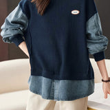 Casual Loose Faux Two-Piece Denim Panel Pullover Hoodie