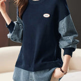 Casual Loose Faux Two-Piece Denim Panel Pullover Hoodie