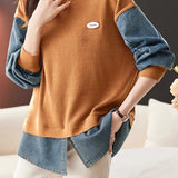 Casual Loose Faux Two-Piece Denim Panel Pullover Hoodie