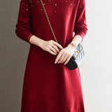 Pearl-Embellished Knit Dress for Autumn & Winter
