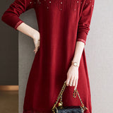 Pearl-Embellished Knit Dress for Autumn & Winter