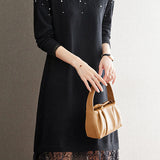 Pearl-Embellished Knit Dress for Autumn & Winter