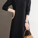 Pearl-Embellished Knit Dress for Autumn & Winter