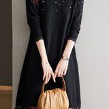Pearl-Embellished Knit Dress for Autumn & Winter
