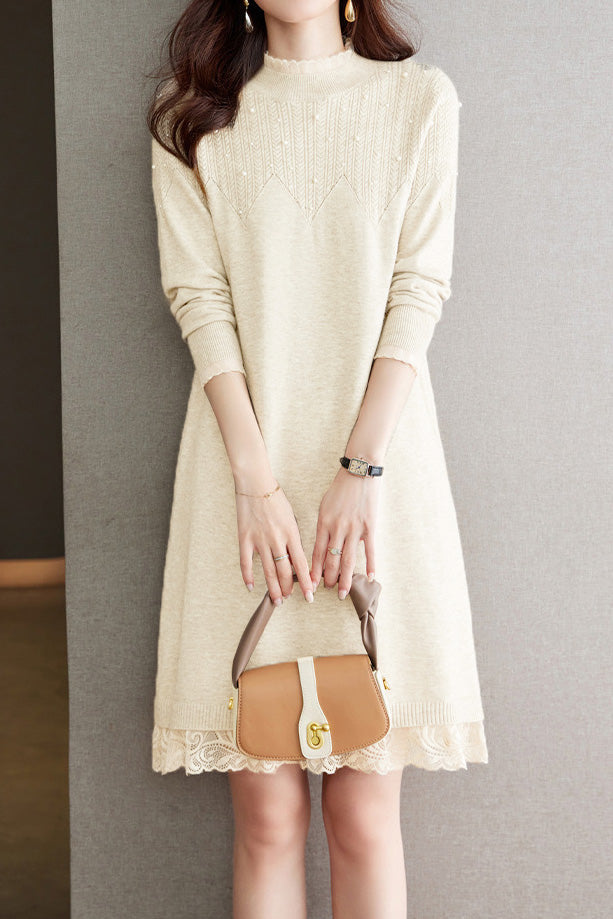 Pearl-Embellished Knit Dress for Autumn & Winter - liwisi