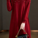 Pearl-Embellished Knit Dress for Autumn & Winter