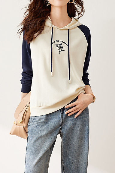 Casual Loose Printed Color-Block Pullover Hoodie - liwisi