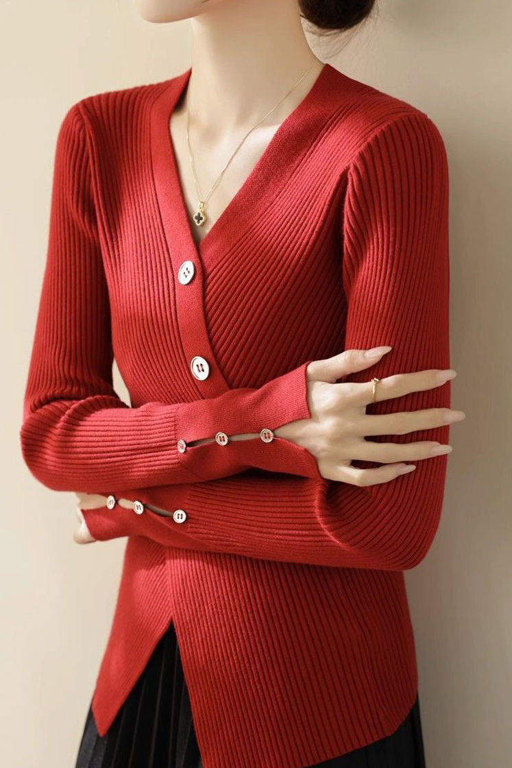 Elegant Asymmetrical V-Neck Long-Sleeve Knit Top - liwisi