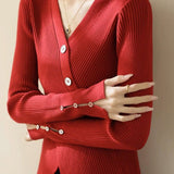 Elegant Asymmetrical V-Neck Long-Sleeve Knit Top