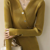 Elegant Asymmetrical V-Neck Long-Sleeve Knit Top
