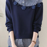 Casual Loose Stripe Patchwork 3D Flower Fake Two-Piece Hoodie