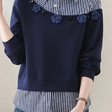 Casual Loose Stripe Patchwork 3D Flower Fake Two-Piece Hoodie