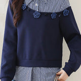 Casual Loose Stripe Patchwork 3D Flower Fake Two-Piece Hoodie