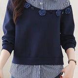 Casual Loose Stripe Patchwork 3D Flower Fake Two-Piece Hoodie