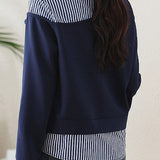 Casual Loose Stripe Patchwork 3D Flower Fake Two-Piece Hoodie