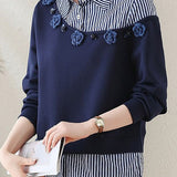 Casual Loose Stripe Patchwork 3D Flower Fake Two-Piece Hoodie