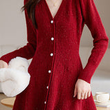 Elegant V-Neck Fitted-Waist A-Line Dress