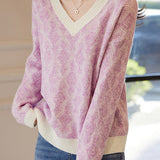 Elegant V-Neck Contrast-Color Plaid Long-Sleeve Pullover Sweater