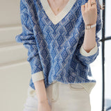 Elegant V-Neck Contrast-Color Plaid Long-Sleeve Pullover Sweater
