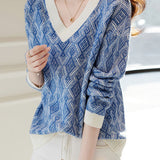 Elegant V-Neck Contrast-Color Plaid Long-Sleeve Pullover Sweater