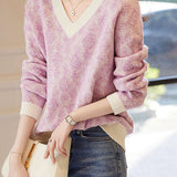 Elegant V-Neck Contrast-Color Plaid Long-Sleeve Pullover Sweater