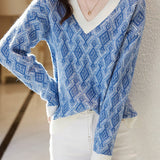 Elegant V-Neck Contrast-Color Plaid Long-Sleeve Pullover Sweater