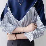 Fashionable Stripe Contrast-Color Patchwork Sweatershirt