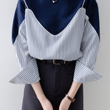 Fashionable Stripe Contrast-Color Patchwork Sweatershirt