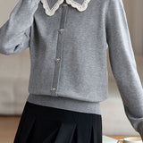 Exquisite Lace Ribbon Lapel Knit Sweater - liwisi