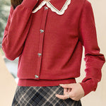 Exquisite Lace Ribbon Lapel Knit Sweater - liwisi