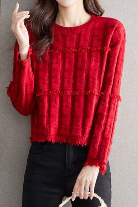 Elegant Round Neck Tassel Texture Pullover Sweater - liwisi