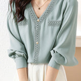 Elegant V-Neck Lace Paneled Long-Sleeve Shirt