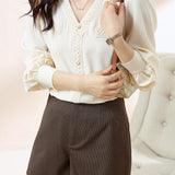 Elegant V-Neck Lace Paneled Long-Sleeve Shirt