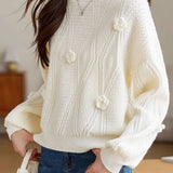 Elegant Loose Lantern Sleeve 3D Flower Pullover Sweater