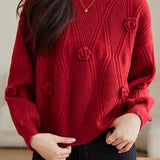 Elegant Loose Lantern Sleeve 3D Flower Pullover Sweater