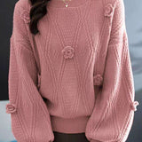 Elegant Loose Lantern Sleeve 3D Flower Pullover Sweater