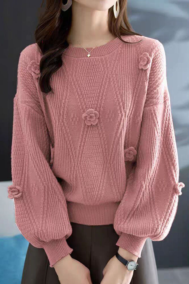 Elegant Loose Lantern Sleeve 3D Flower Pullover Sweater - liwisi