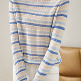 Casual Striped Round Neck Hollow Knitted Sweater - liwisi