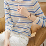 Casual Striped Round Neck Hollow Knitted Sweater - liwisi