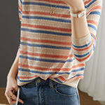 Casual Striped Round Neck Hollow Knitted Sweater - liwisi