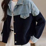 Denim and Knit Spliced Color-Block Jacket