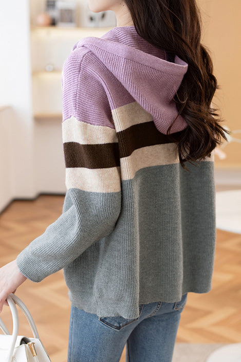Casual Color-Blocked Loose Hooded Cardigan - liwisi