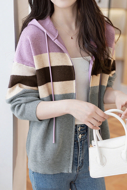 Casual Color-Blocked Loose Hooded Cardigan - liwisi