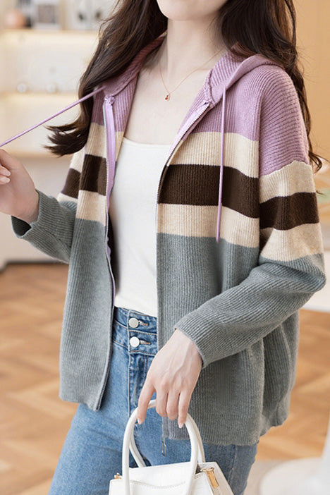 Casual Color-Blocked Loose Hooded Cardigan - liwisi