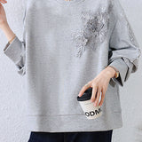 Loose Sweatshirt with Three-Dimensional Flower Embroidery - liwisi
